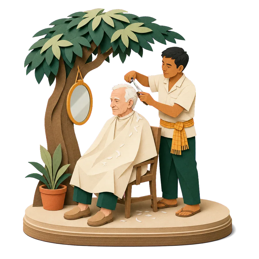 A retired man has his hair cut by a roadside barber, for what a month costs in Cambodia