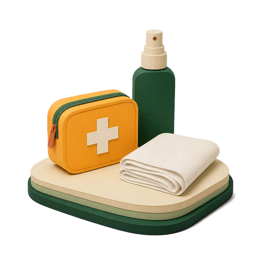 A first-aid pouch, insect repellent and a folded mosquito net, for health care and insurance in Cambodia