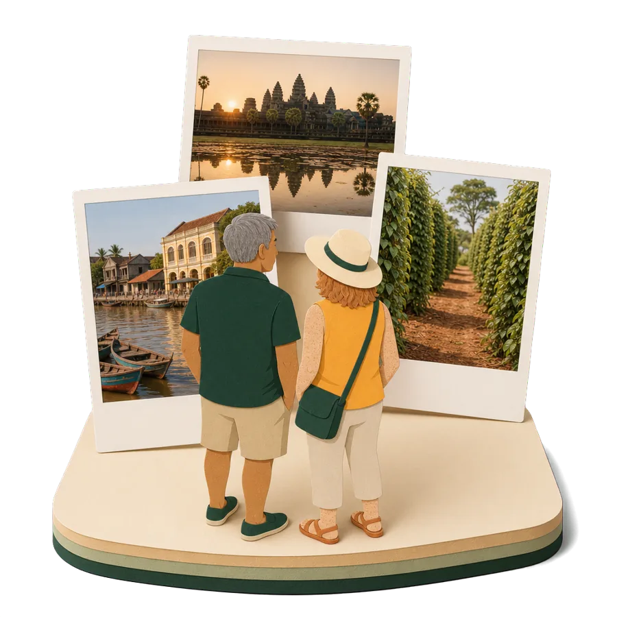 Retirees in Cambodia look at photos of Angkor Wat, the Kampot riverfront and a pepper farm