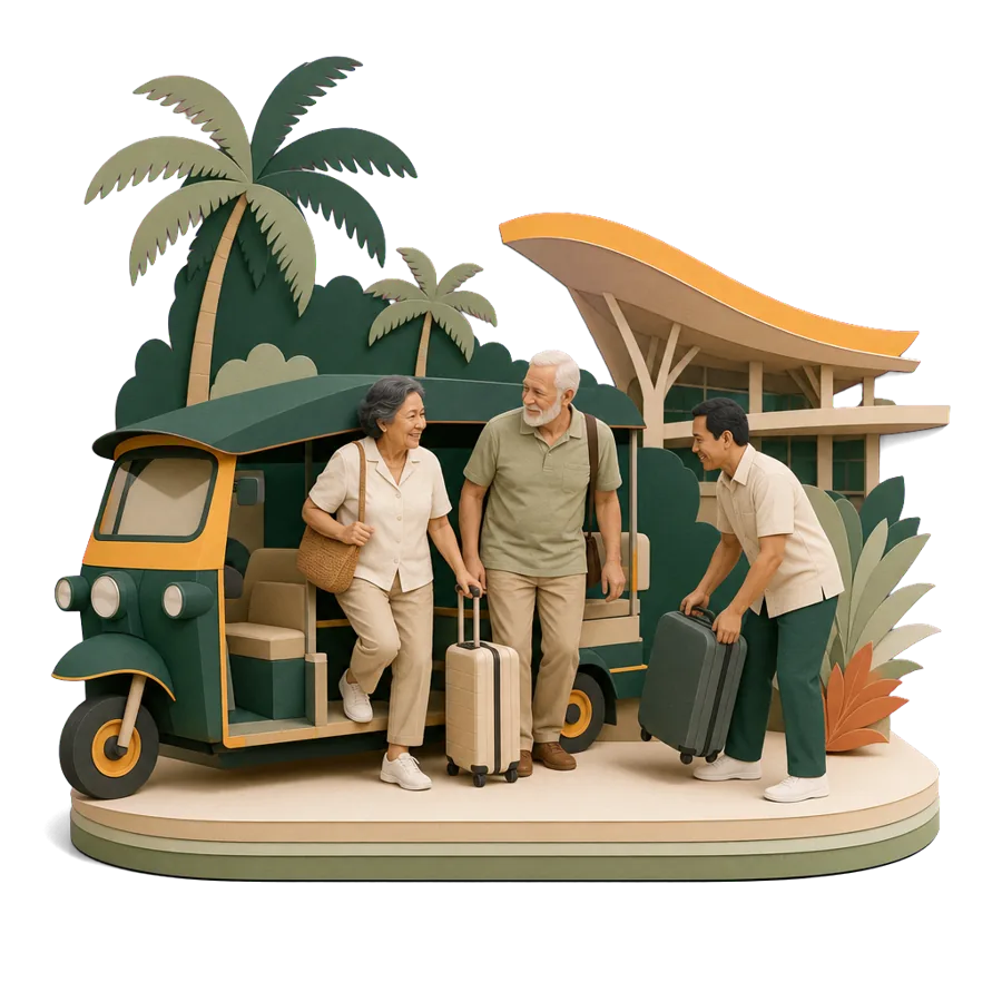 A retired couple step down from a tuk-tuk with suitcases at the airport, for getting to Cambodia