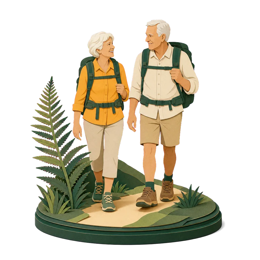 A couple in their late 60s walking among ferns in New Zealand, where Age Pension rules differ for Australians