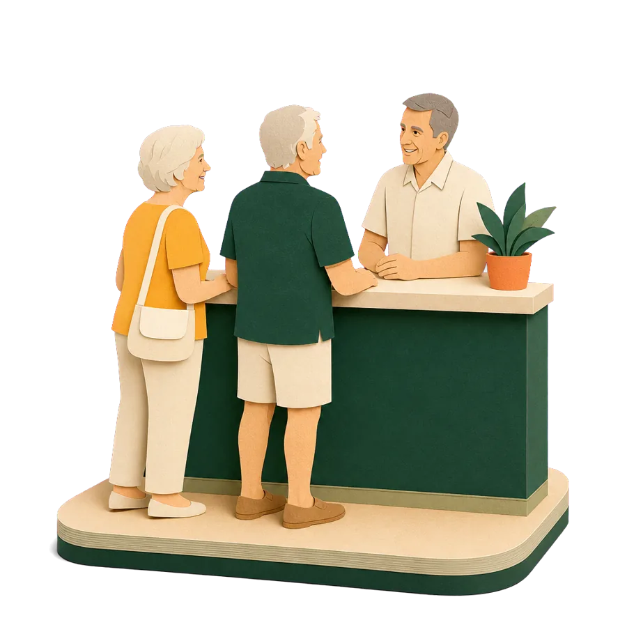 A couple around 70 at a service counter telling Centrelink they are going overseas with the Age Pension