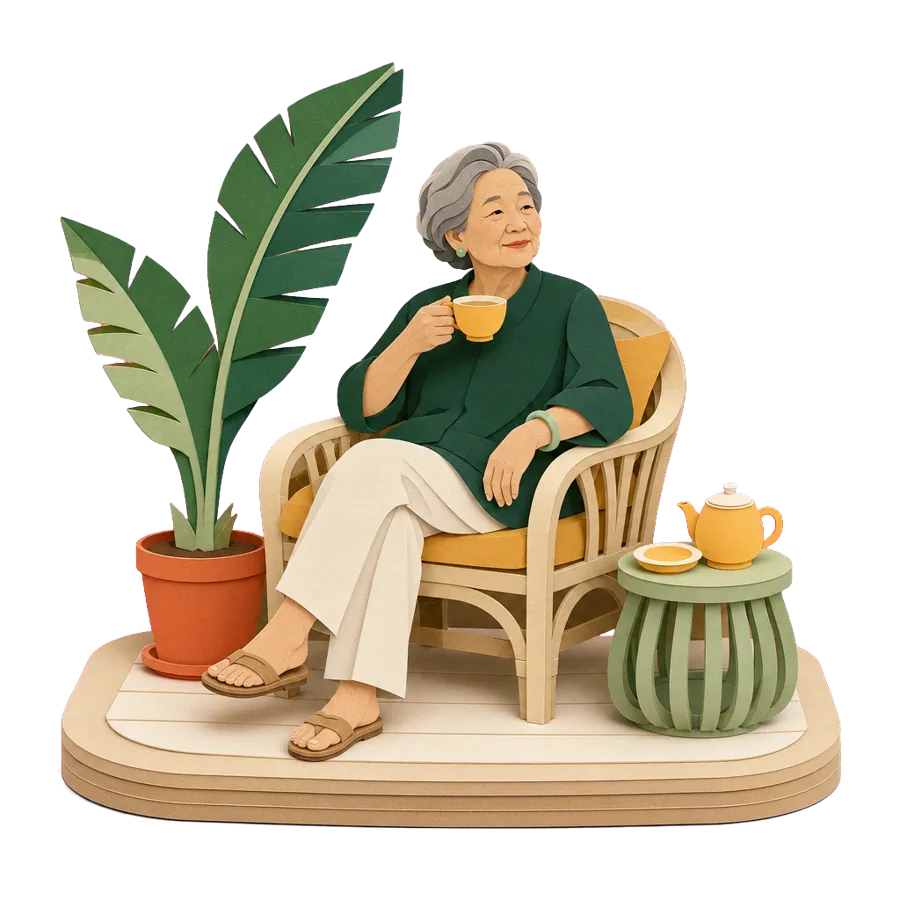 A woman in her early 70s relaxing on a verandah overseas, where she keeps getting her Age Pension