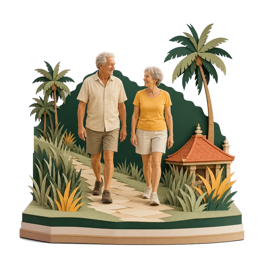 A retired couple walk a paved ridge path in Ubud past palms and a small shrine