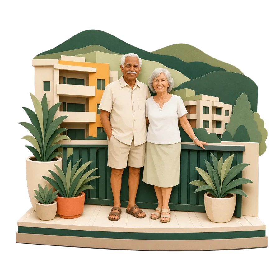 A retired couple stand on an apartment balcony with green hills behind, for where Australians live in Cebu