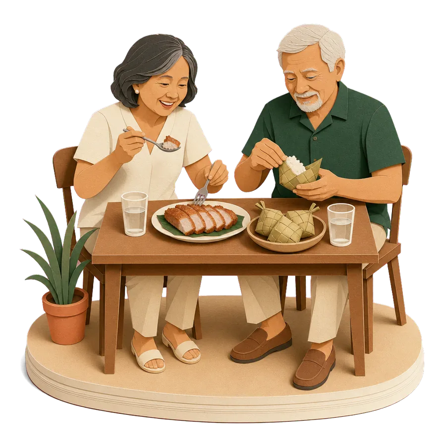 A retired couple share roast pork and rice parcels in woven palm leaves at an eatery, for what a month costs in Cebu