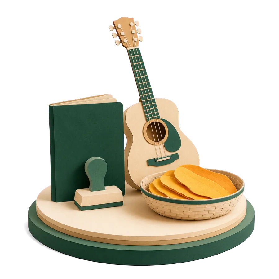 A generic passport with a blank stamp beside a small wooden guitar and dried mango, for visas for Australians in Cebu