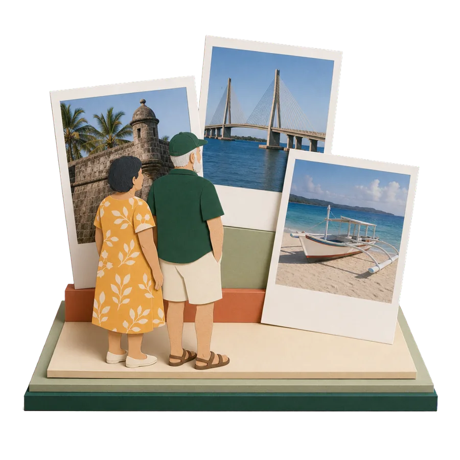 Retirees in Cebu look at photos of the old Spanish fort, the long bridge to Mactan and an outrigger boat on a beach