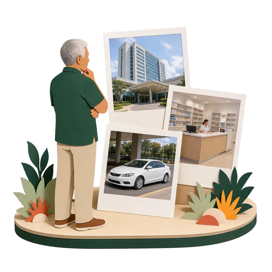 A retired man looks at photos of a hospital tower, a pharmacy and a car at the kerb, for health care in Cebu
