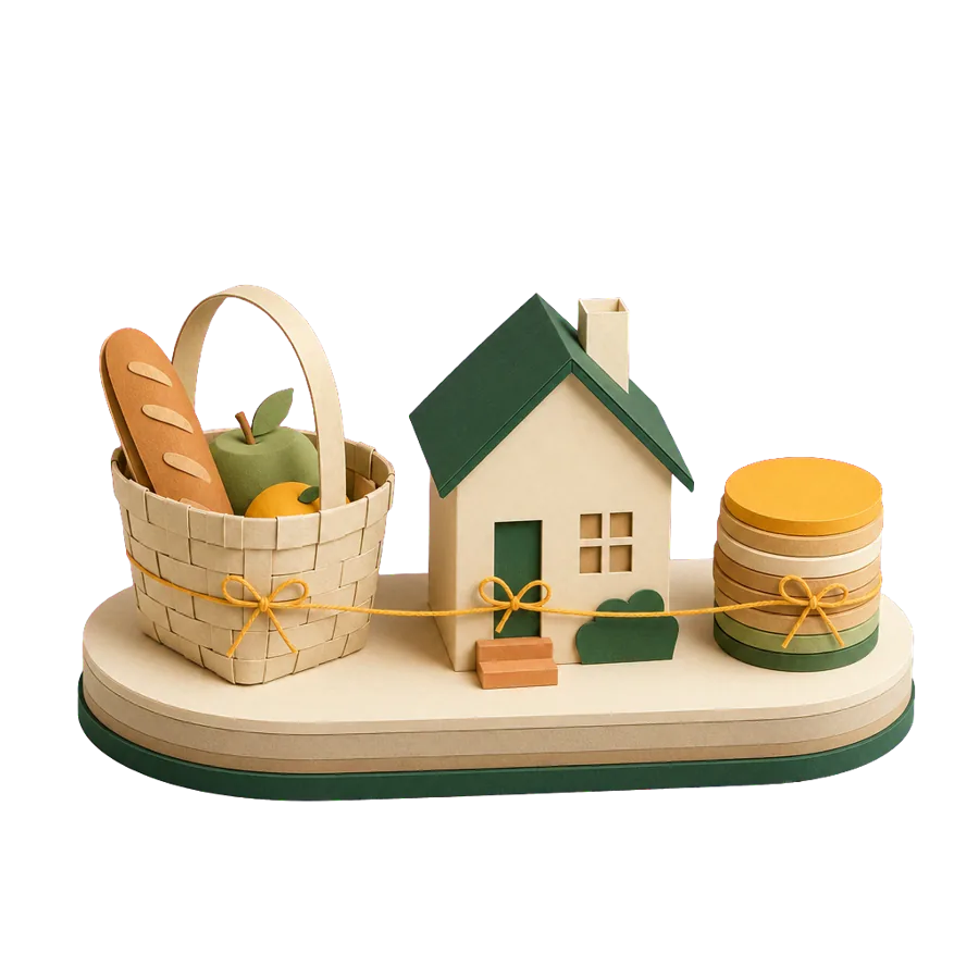 A shopping basket, a small house and a stack of coins in a row, for how we worked out each monthly figure