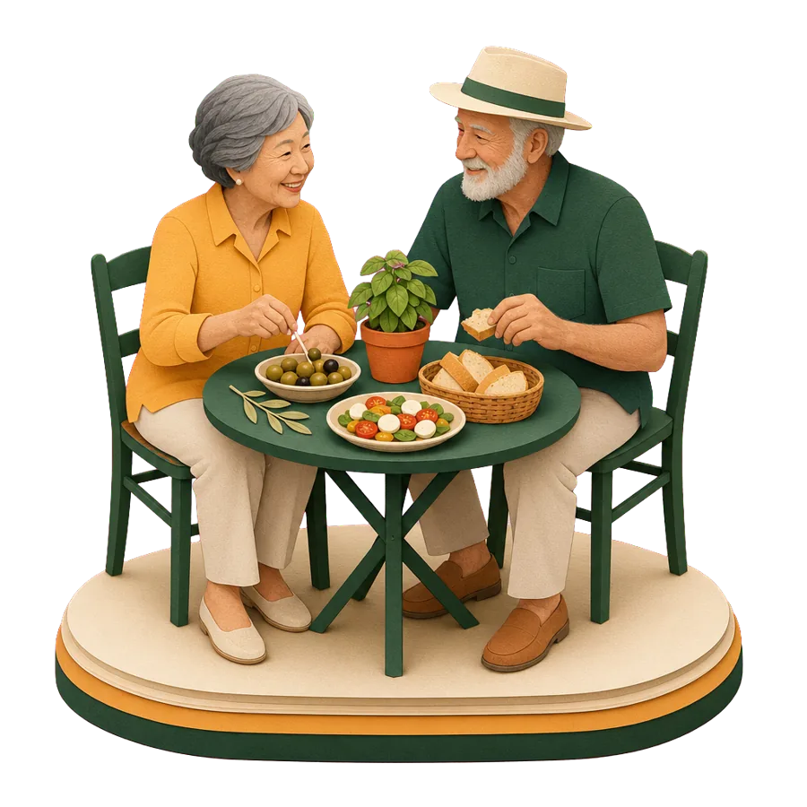 A couple in their early 70s sharing olives and bread at an outdoor table, for where is cheapest to live in Europe
