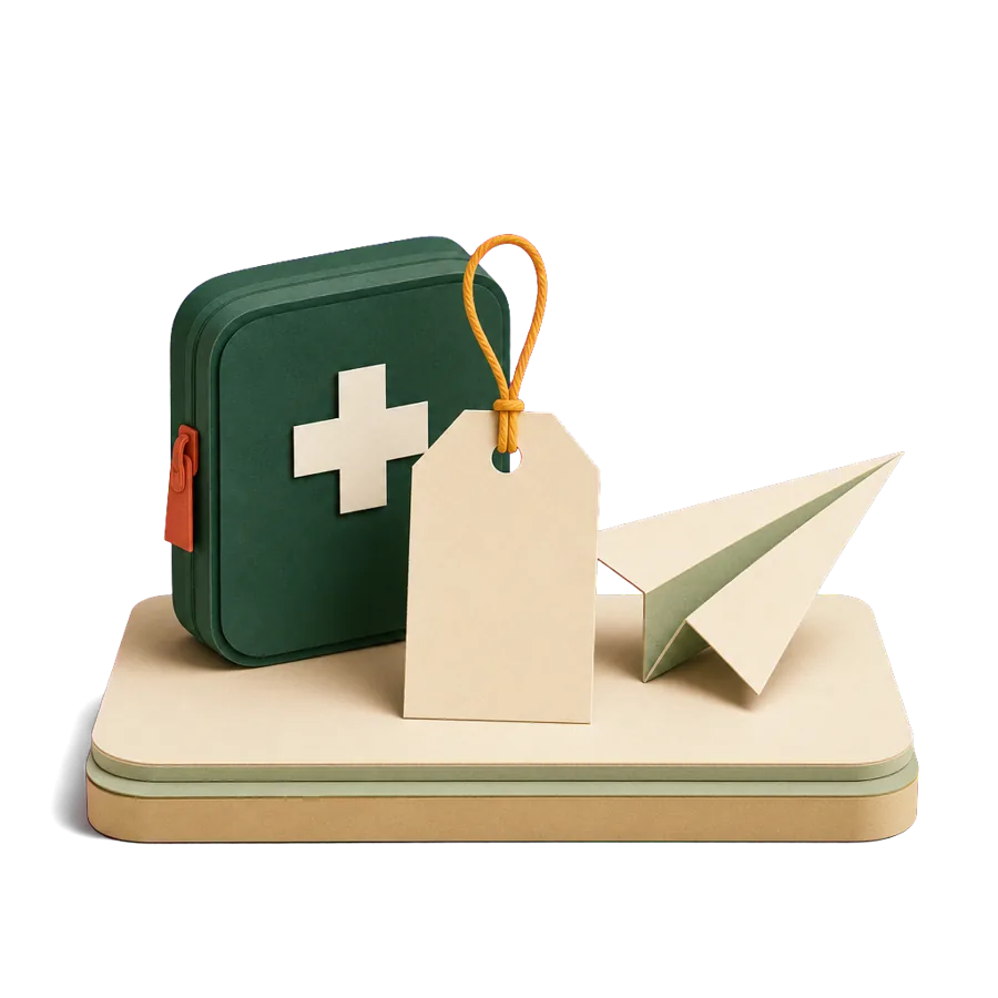 A blank price tag with a first-aid pouch and a paper plane behind it, for what a cheap monthly figure leaves out