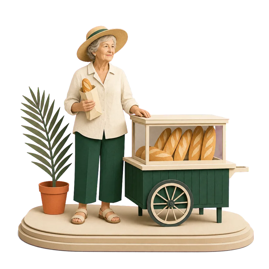 A woman in her late 60s buying a bread roll from a street cart, for where is cheapest to live in Asia