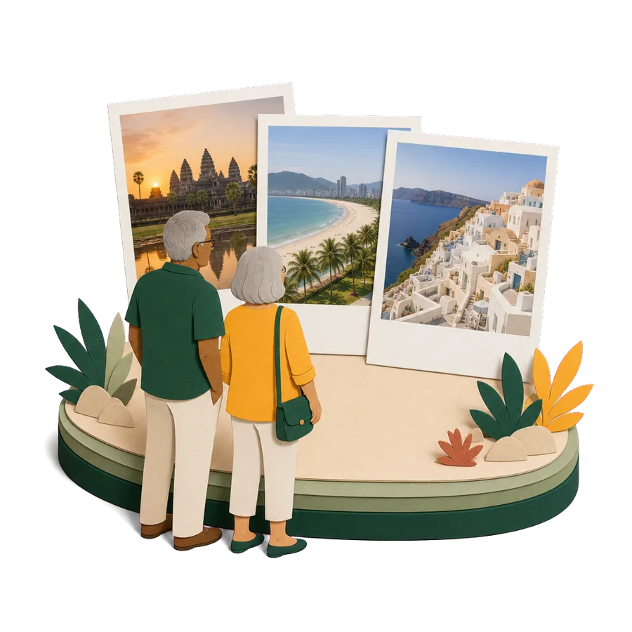 A couple in their late 60s looking at photos of temples, a beach and a Greek island, comparing the cheapest countries to live