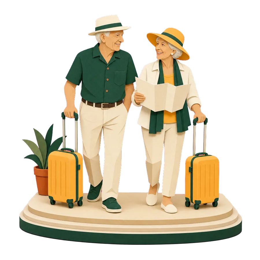 A retired couple wheel cabin bags with a folded map, for flying to Chiang Mai from Australia through Bangkok