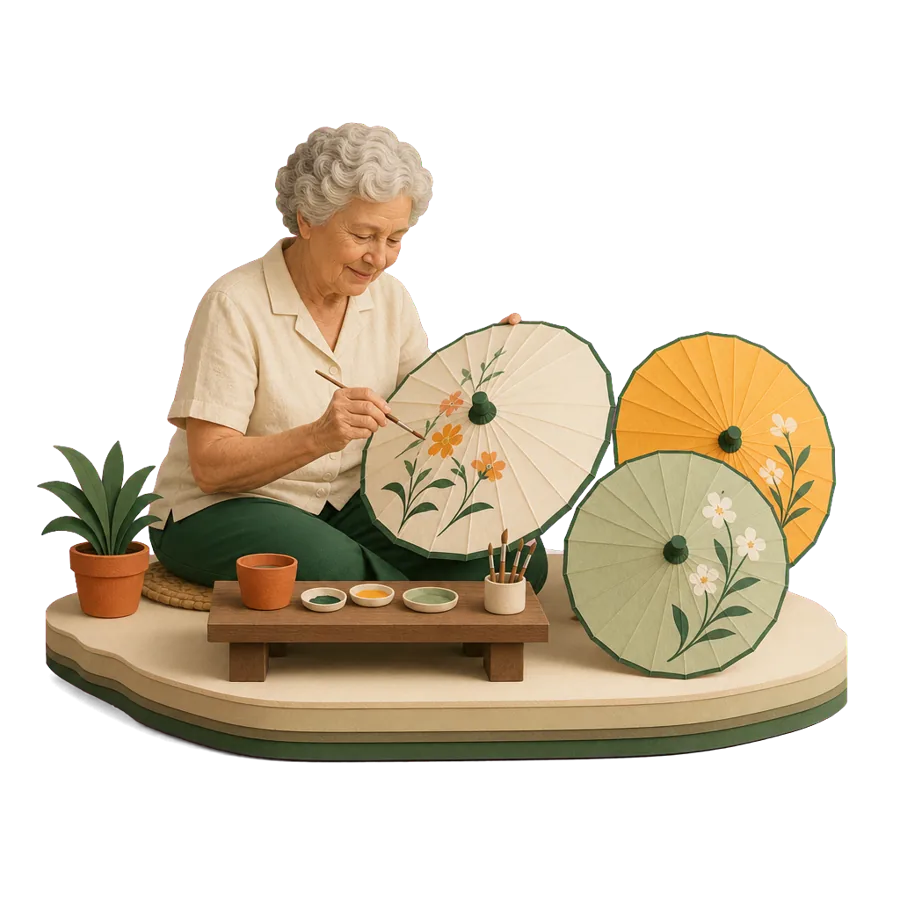 A retired woman paints flowers on a paper parasol at a craft table, for who Chiang Mai suits and what to weigh up