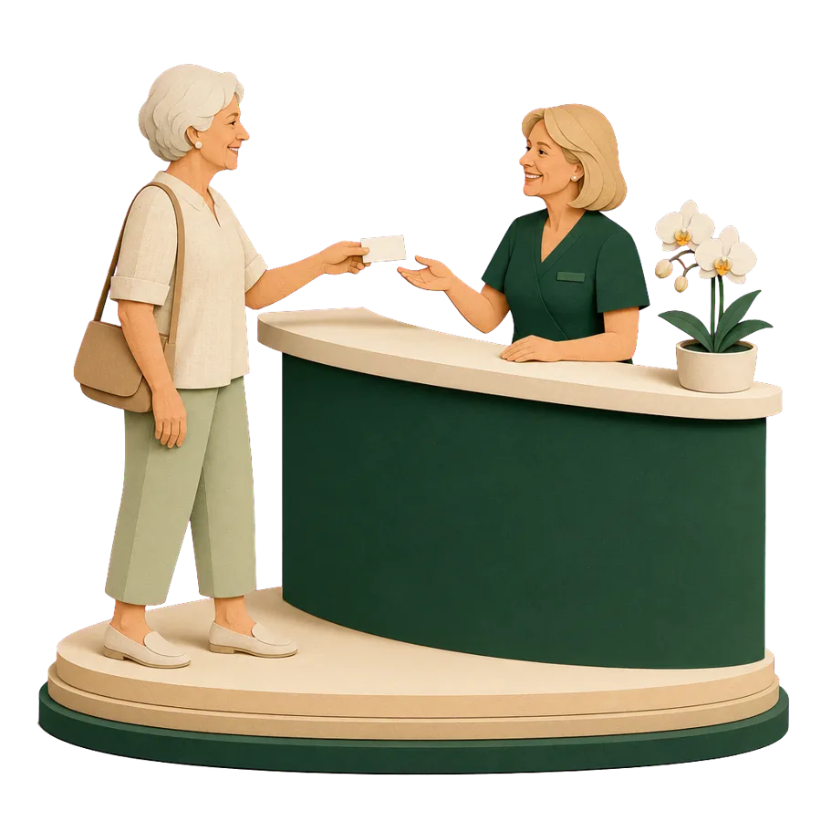 A retiree in Chiang Mai handing an insurance card to a clinic receptionist, for health care and insurance in Thailand