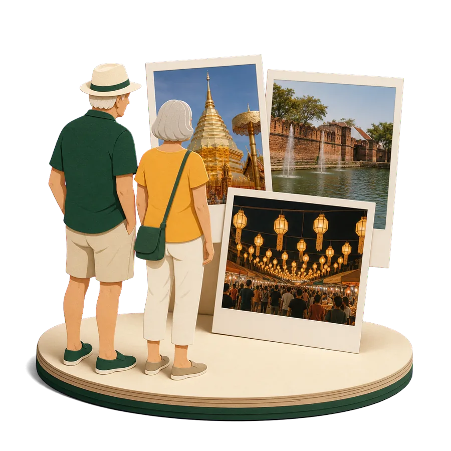 Retirees in Chiang Mai look at photos of the Doi Suthep temple, the old city moat and the night bazaar