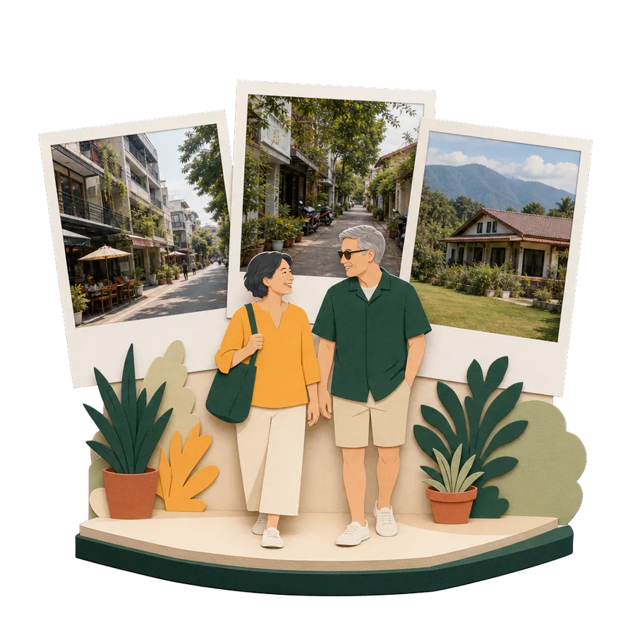 A retired couple walk past photos of Nimman cafes, a Santitham street and a Hang Dong house, for where to live in Chiang Mai