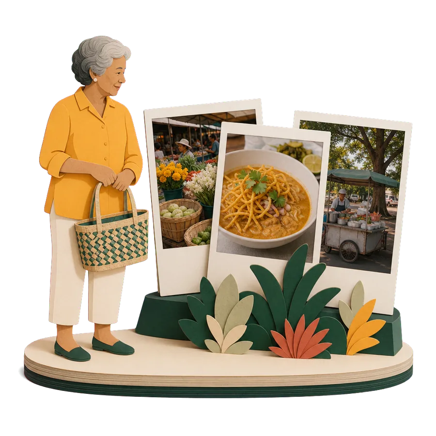 A retiree with a basket beside photos of Warorot market, khao soi and a food cart, for the cost of living in Chiang Mai