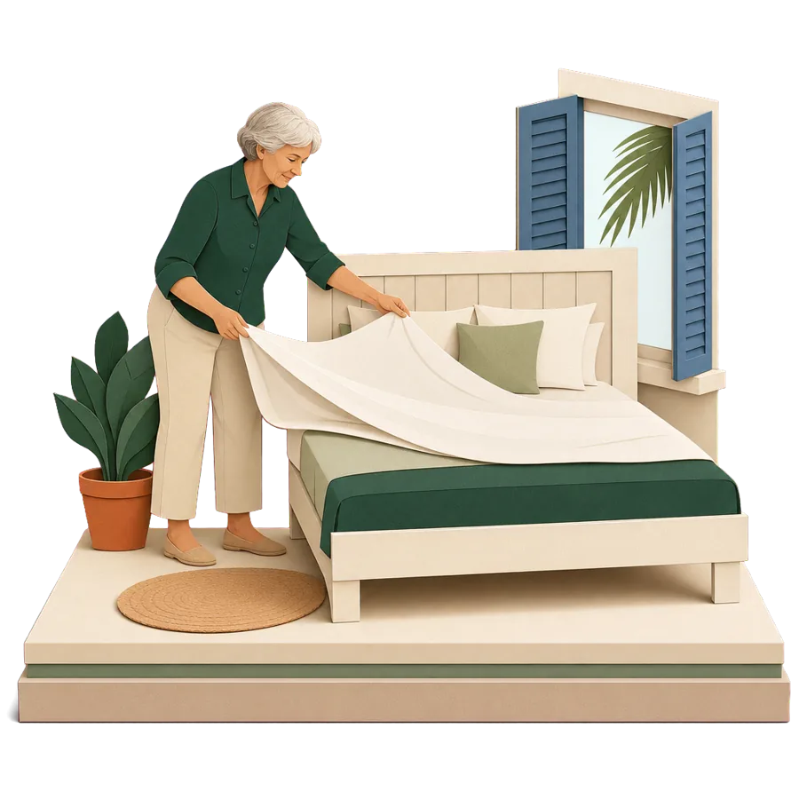 A woman makes up a guest bed with white linen, for running holiday rentals on Aegina