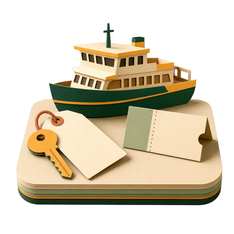 A house key, a paper ferry and a blank ticket, for a holiday house on Aegina that became her home