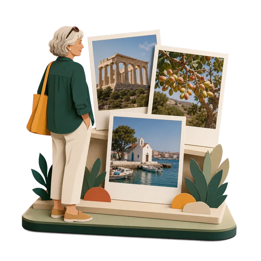 A woman looks at photos of the Temple of Aphaia, a pistachio tree and Aegina harbour with its white chapel