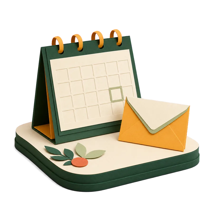A calendar with weeks shaded before a ringed day and an envelope, showing when to claim the Age Pension