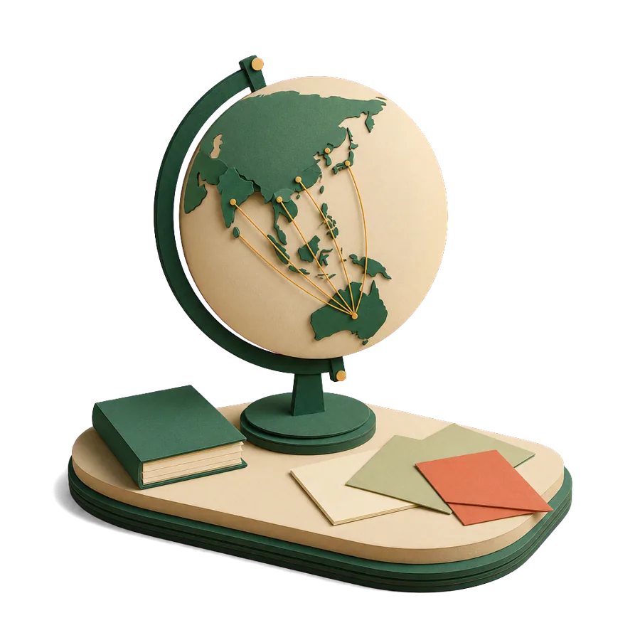 A paper globe with countries joined to Australia by threads, the social security agreement countries for the Age Pension