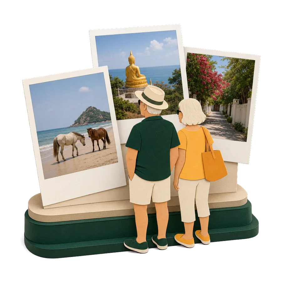 A couple in their mid 60s looking at photos of Hua Hin, planning when to claim the Age Pension before moving to Thailand