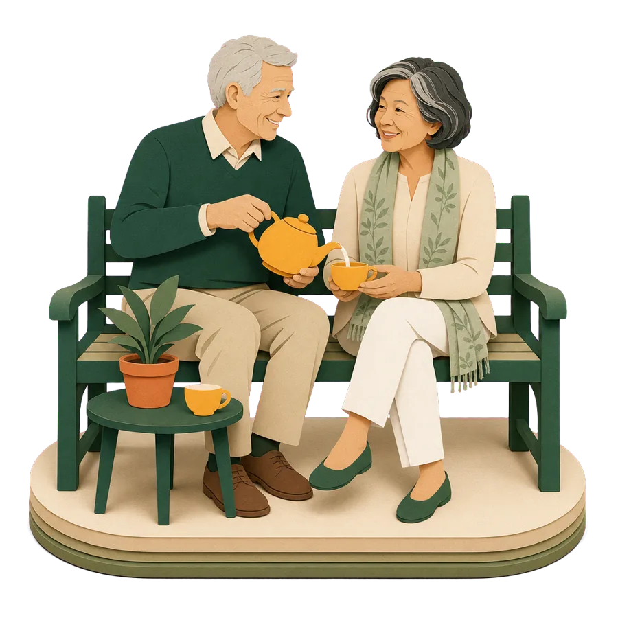 A couple of different ages on a garden bench, when one partner is younger at Age Pension claim time