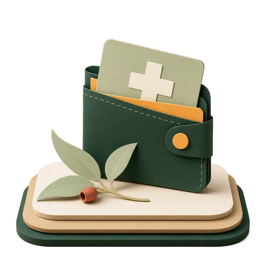 A generic health card sliding into a wallet beside a gum leaf, getting Medicare back after living overseas