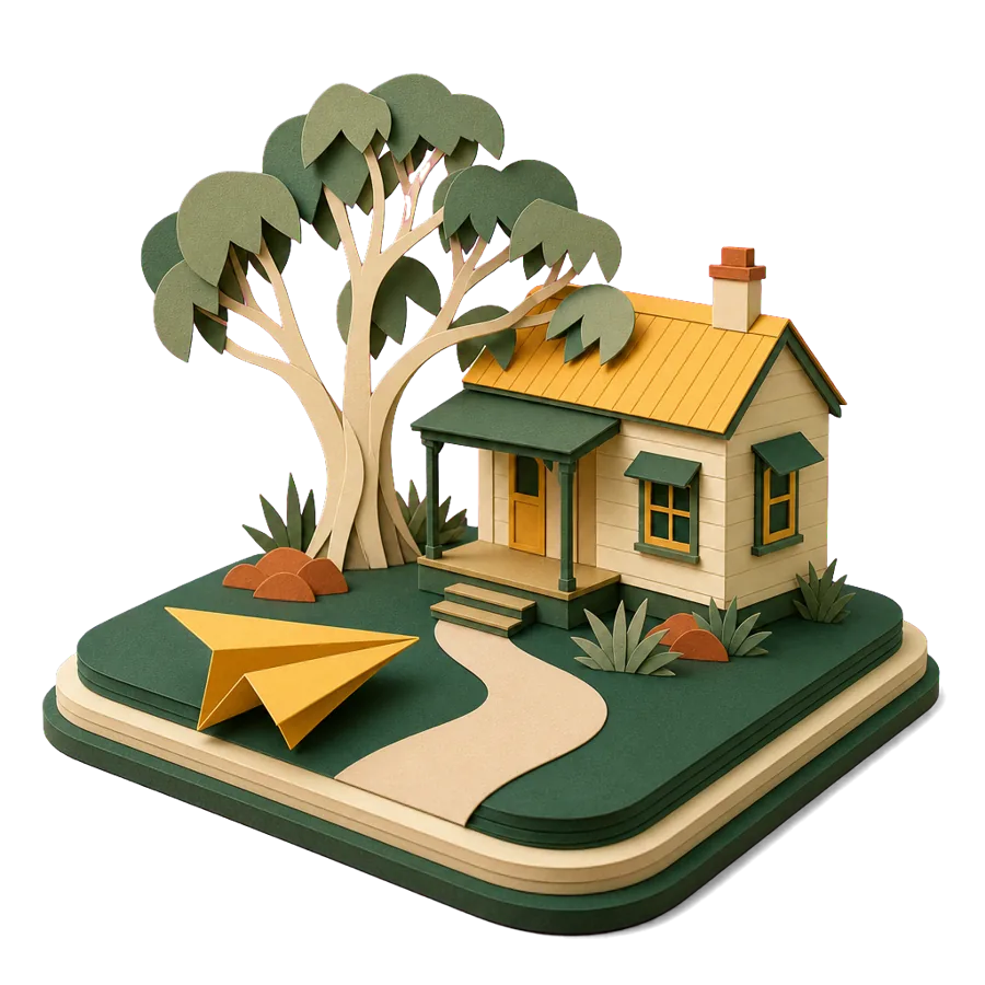 A paper plane landing on a path to a house with a gum tree, your Age Pension when you move back to Australia