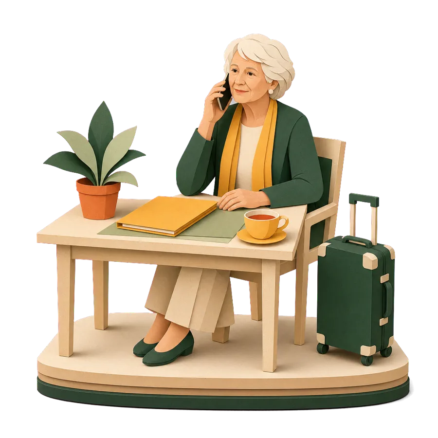 A woman about 75, just back from Bali, phoning to restart her Age Pension after it stopped while overseas