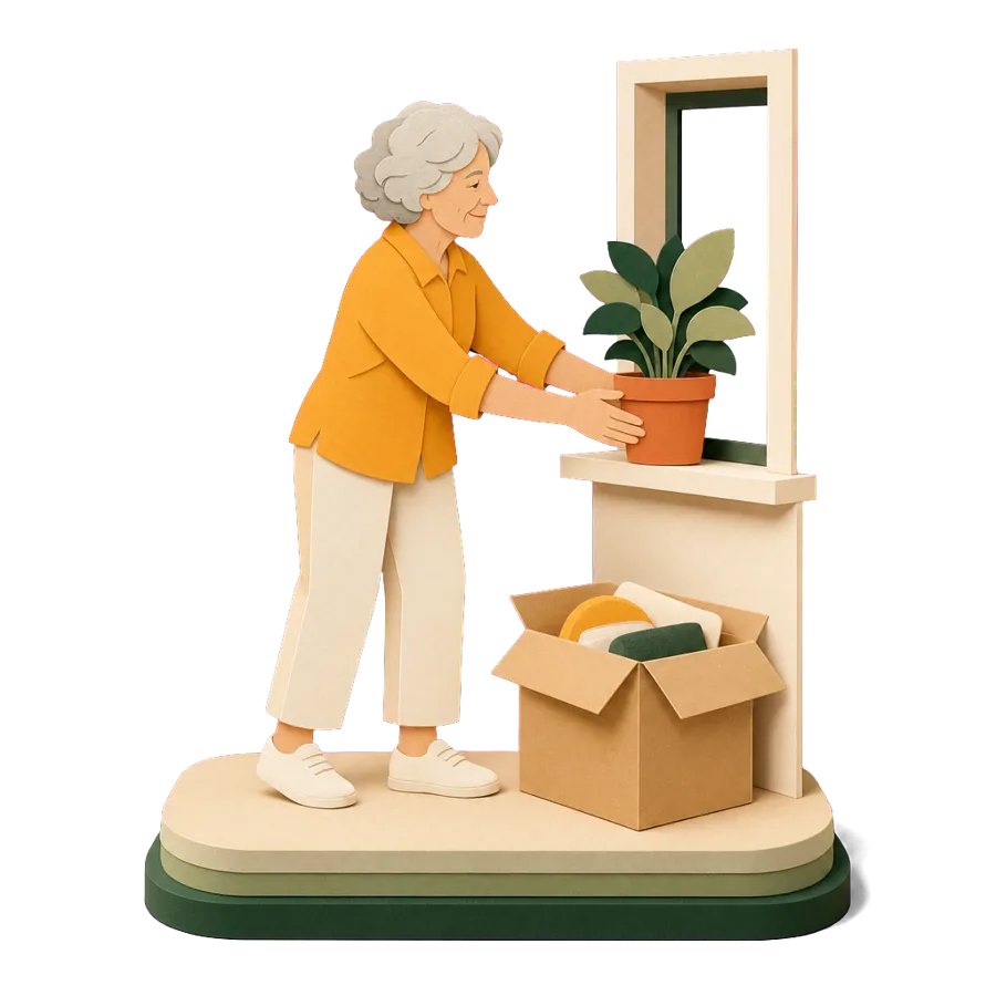 A woman about 75 settling back into a rented unit in Australia, her pension numbers changing after coming home