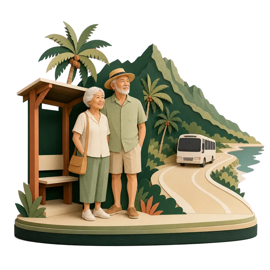 A retired couple wait by a wooden bus shelter on the palm-lined coast road, for where Australians live in the Cook Islands