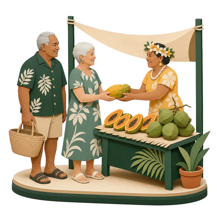 A retired couple buy a pawpaw at an outdoor market stall from a stallholder wearing a flower crown, for what a month costs in the Cook Islands