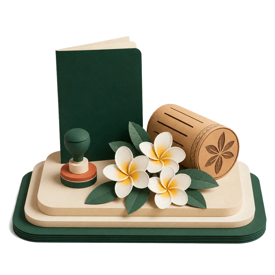 A generic passport with a blank stamp beside frangipani flowers and a small wooden drum, for visas in the Cook Islands
