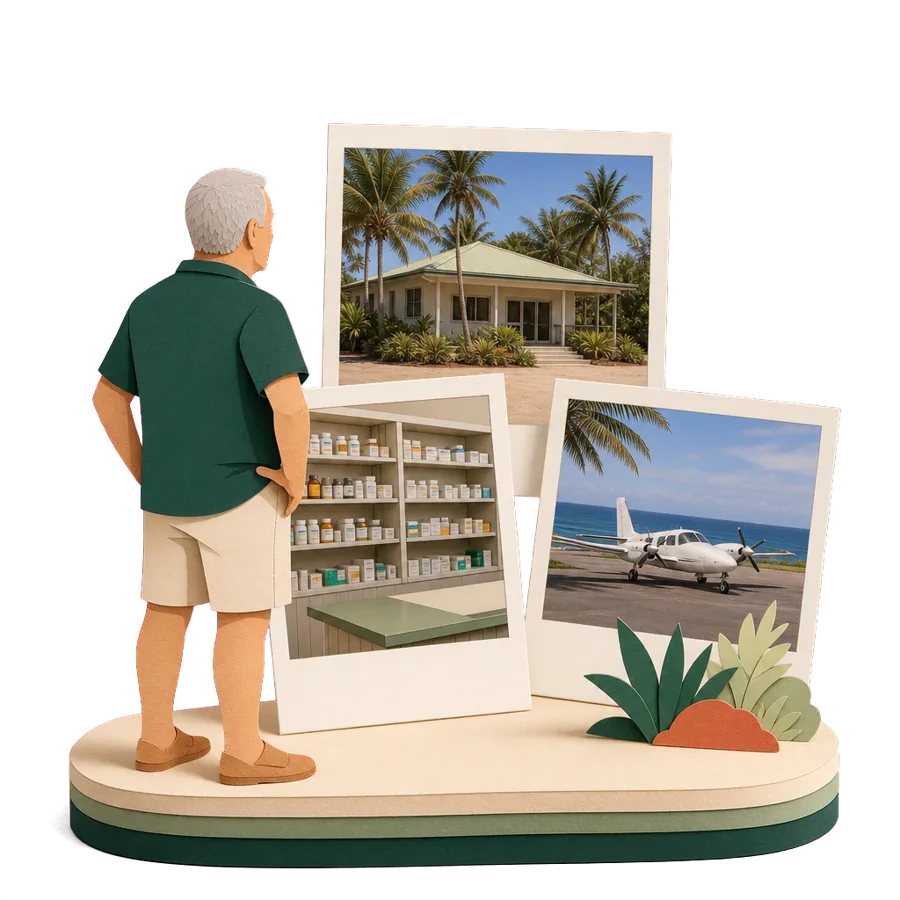A retired man looks at photos of a small hospital, a pharmacy shelf and a small plane on a runway, for health care in the Cook Islands