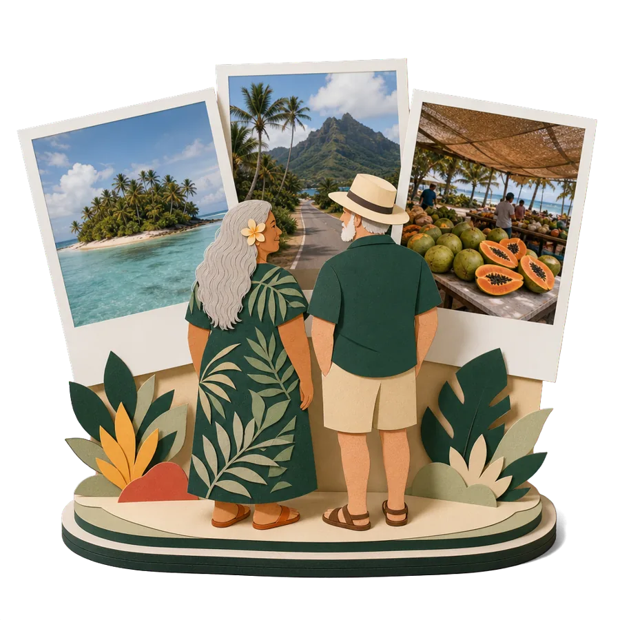 Retirees in Rarotonga look at photos of a lagoon with a small islet, the palm-lined coast road and a market table