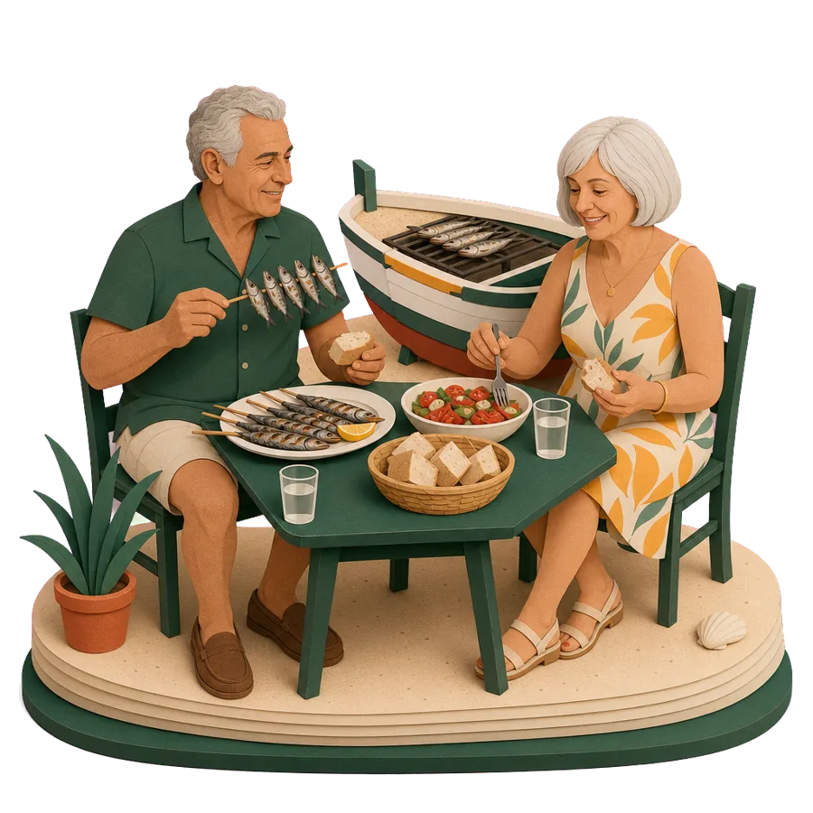 A retired couple share grilled sardines on skewers at a beach restaurant, for what a month costs on the Costa del Sol