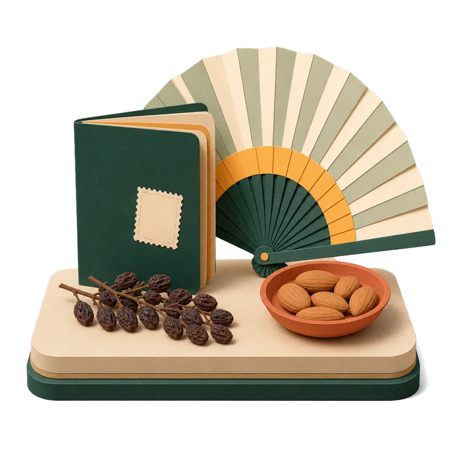 A generic passport with a blank stamp beside a paper fan, a bunch of dried raisins and almonds, for visas for Australians on the Costa del Sol