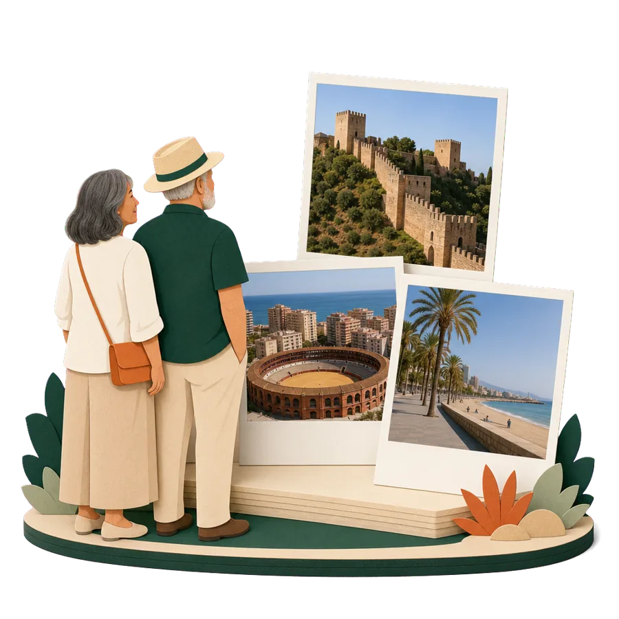 Retirees on the Costa del Sol look at photos of the Alcazaba in Málaga, the bullring by the sea and a palm-lined promenade