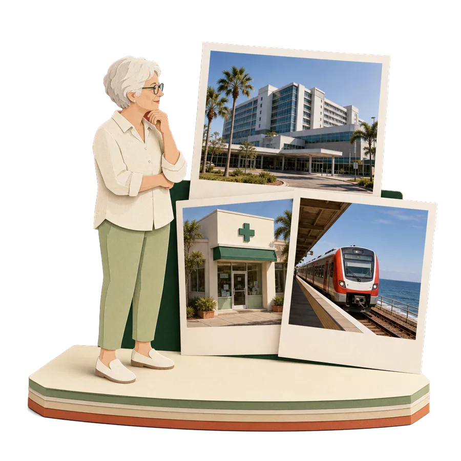 A retired woman looks at photos of a large hospital, a pharmacy and a commuter train by the sea, for health care on the Costa del Sol