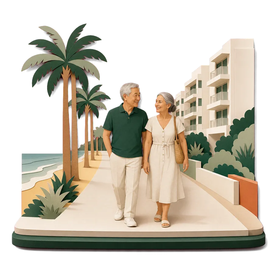 A retired couple walk along a flat palm-lined seafront promenade with apartment blocks behind, for where Australians live on the Costa del Sol