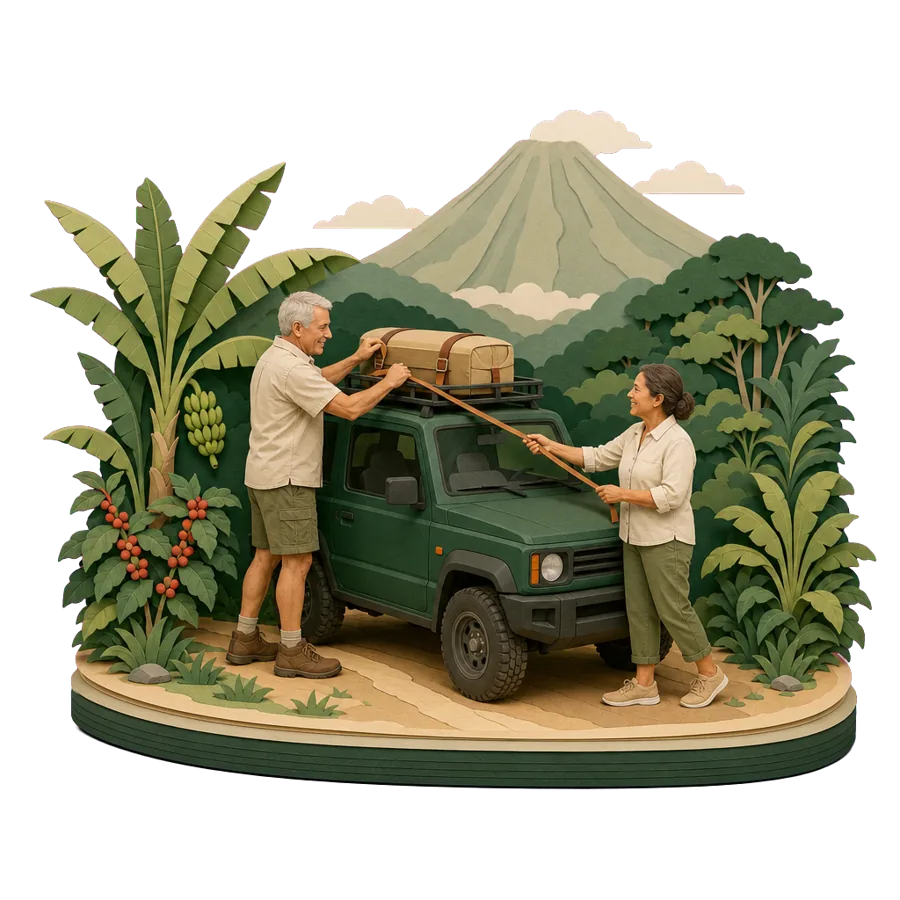 A retired couple tie a suitcase onto a 4WD roof rack on a country road, for getting to Costa Rica