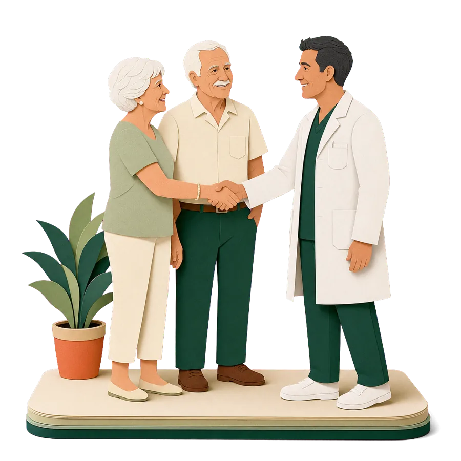A retired couple meet a doctor at a clinic, for health care and insurance in Costa Rica