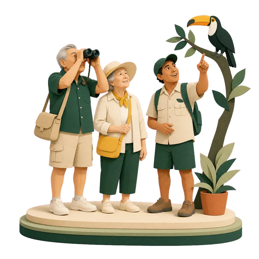 A retired couple watch a toucan with binoculars and a local guide, for who Costa Rica suits