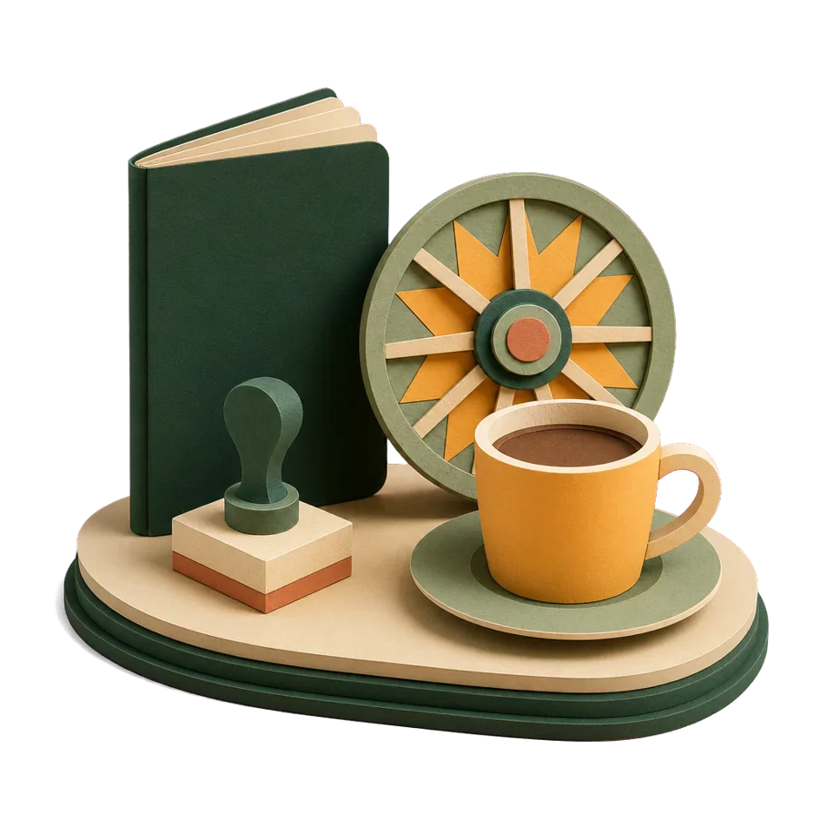 A generic passport with a blank stamp, a painted cart wheel and coffee, for Costa Rica visas