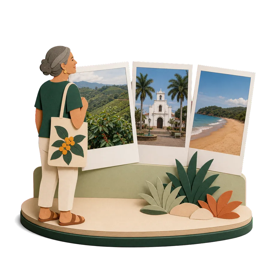 A retiree in Costa Rica looks at photos of the hills around Atenas, a town church and a Guanacaste beach